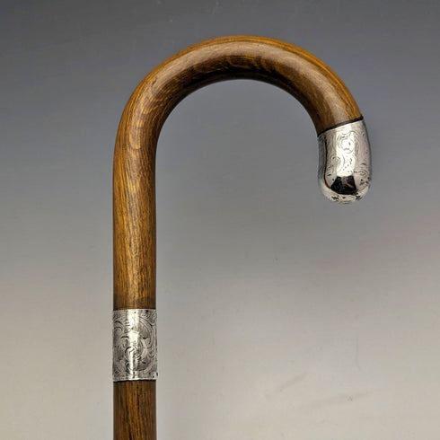 1922 British Antique Gentleman's Walking Stick, Brown Handle, Pure Silver Decoration, Curved Handle, 92cm